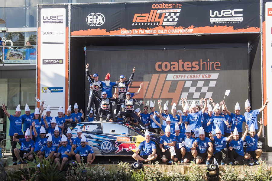 Sebastien Ogier, Julien Ingrassia, VW Team celebrate the podium during the FIA World Rally Championship 2015 in Coffs Harbour, Australia on September 13, 2015