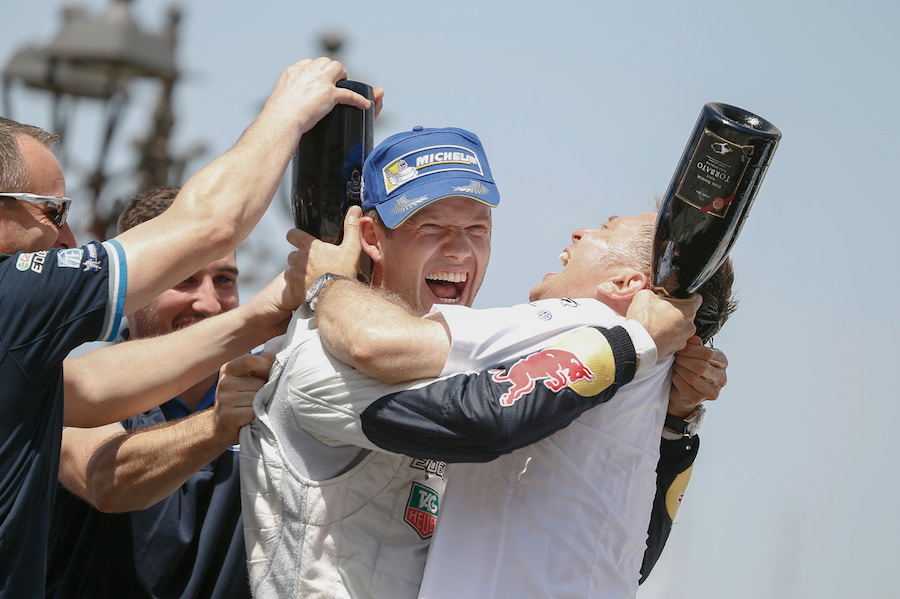 Sebastien Ogier (F) and Jost Capito celebrate after the FIA World Rally Championship in Sardinia, Italy on June 8th, 2014 // Volkswagen Motorsport/Red Bull Content Pool // P-20140609-00090 // Usage for editorial use only // Please go to www.redbullcontentpool.com for further information. //