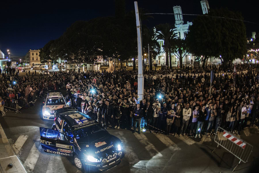 Mikko Hirvonen and Jari Matti Latvala enter the race before start of city stage during FIA World Rally Championship 2014 in Olbia, Italy on June 8th, 2014 // Jaanus Ree/Red Bull Content Pool // P-20140610-00256 // Usage for editorial use only // Please go to www.redbullcontentpool.com for further information. //