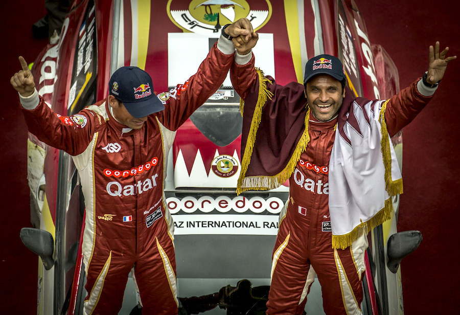 Nasser Al Attiyah and his co - driver Matthieu Baumel on the podium at the Shiraz Rally, Shiraz on May 6th. 2015