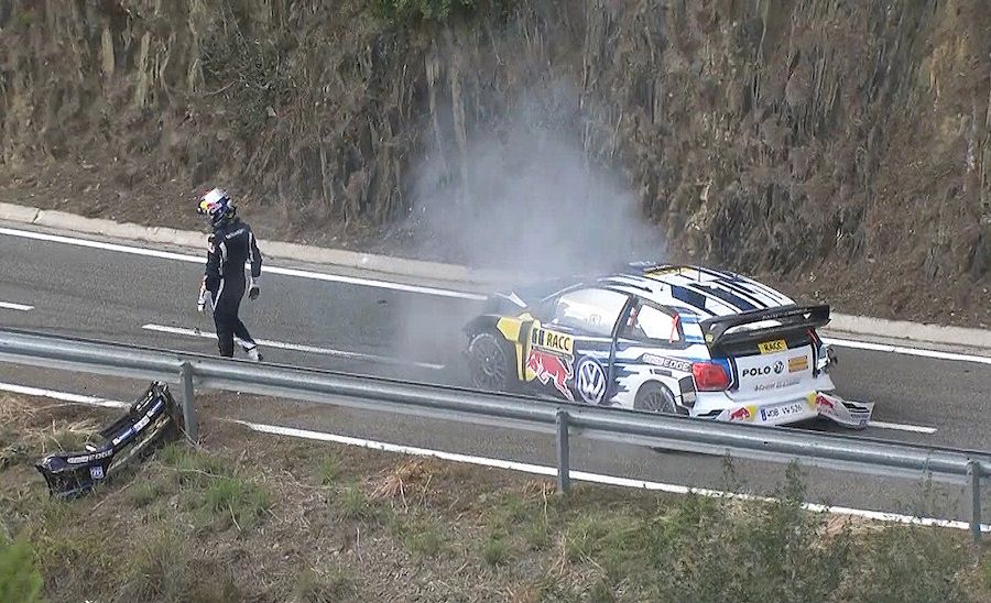 WRC champion Sébastien Ogier crashed out of the lead of RallyRACC Catalunya - Costa Daurada, Spain while leading just 4km from the finish, October 25, 2015.WRC champion Sébastien Ogier crashed out of the lead of RallyRACC Catalunya - Costa Daurada, Spain while leading just 4km from the finish, October 25, 2015.