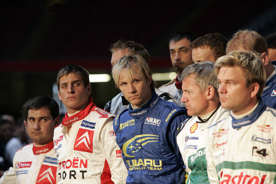 Subaru driver Petter Solberg pays tribute with his fellow drivers to Michael Park, who was tragically killed in an accident during Rally Wales GB.