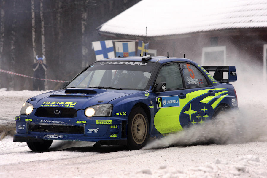 Subaru driver Petter Solberg in action in his Impreza WRC04 on special stage 12 during leg two Swedish Rally 2005.