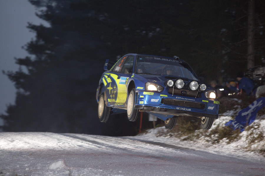 Subaru driver Petter Solberg in action in his Impreza WRC04 on special stage 12 during leg two Swedish Rally 2005.