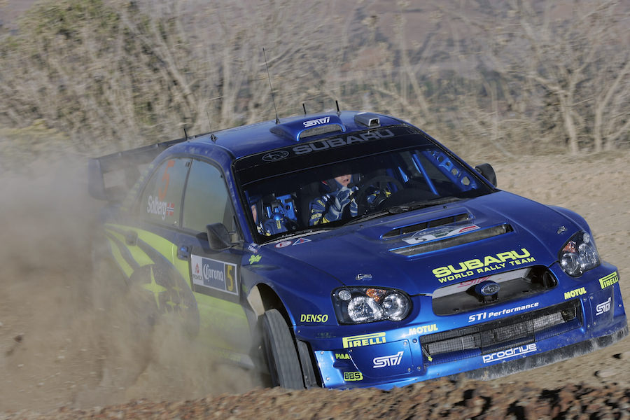 Subaru driver Petter Solberg in action in his Impreza WRC05, during pre-event shakedown, Rally Mexico 2005.