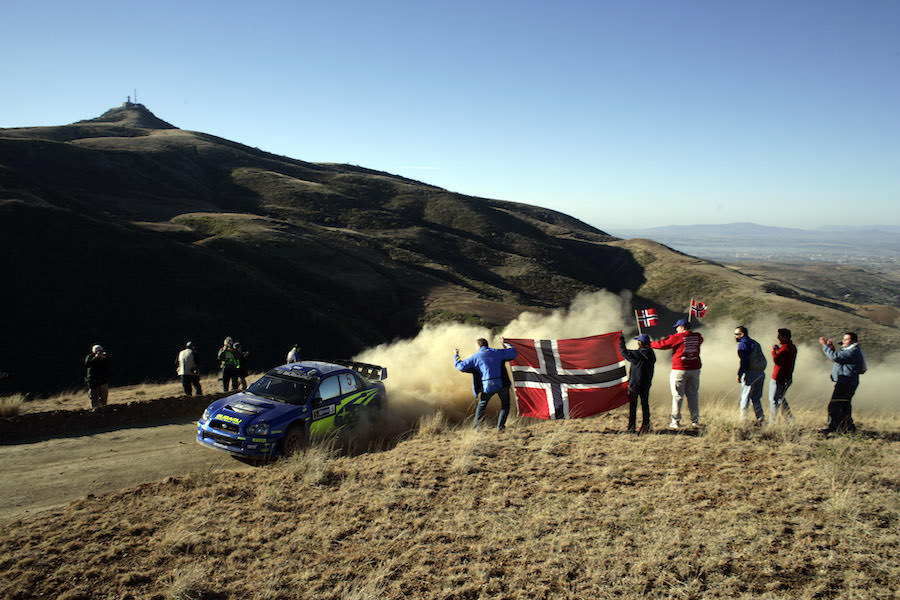 Subaru driver Petter Solberg in action in his Impreza WRC05 during pre-event shakedown, Rally Mexico 2005.