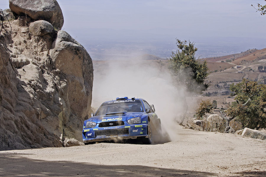 Subaru driver Petter Solberg in action in his Impreza WRC05 on special stage 8, during leg two Rally Mexico 2005.