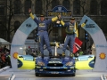 Subaru driver Petter Solberg and co-driver Phil Mills on the finish podium in Karlstad, after winning the 2005 Swedish Rally.