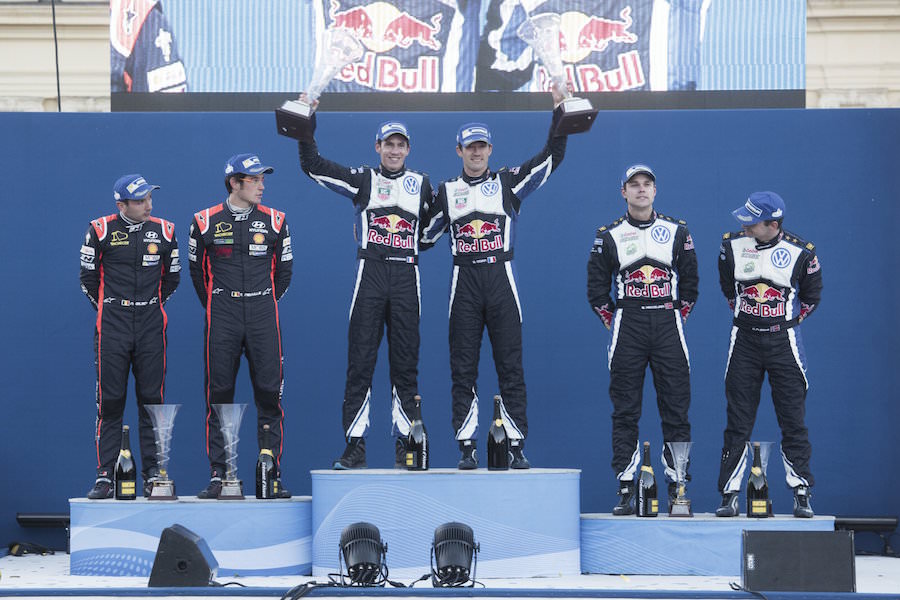 Sebastien Ogier, Thierry Neuville, Andreas Mikkelsen celebrate with their co-drivers on the podium during the FIA World Rally Championship 2015 in Karlstad, Sweden on February 15, 2015 // Jaanus Ree/Red Bull Content Pool // P-20150215-00124 // Usage for editorial use only // Please go to www.redbullcontentpool.com for further information. //