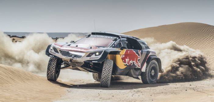 Peterhansel con la 3008 DKR Maxi nei test sulle dune del Marocco.